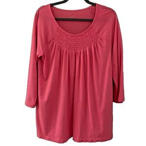 J Jill Shirt MEDIUM Pink Diamond Smocked Casual Stretch T-Shirt Boho Blouse